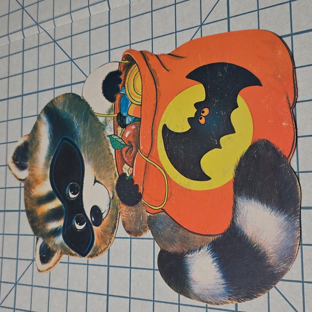 Vintage Halloween Die‎ Cut Decoration Raccoon Mask & Candy Bag 13" Double Sided - Picture 7 of 9